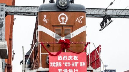 L'arrivée du premier train Wuhan-Lyon en gare de Saint-Priest, le 21 avril 2016. Parti de Chine le 6 avril, le fret de 41 conteneurs de pièces automobiles et électroniques a parcouru 11.500 km en quinze jours et traversé le Kazakhstan, la Russie, la Biélorussie, la Pologne et l'Allemagne. (Jeff Pachoud / AFP)