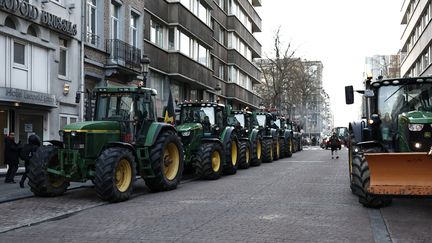 Tractors are parked in front of the European Parliament in Brussels, February 1, 2024. (SAMEER AL-DOUMY / AFP)