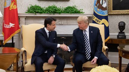 Le président américain Donald Trump et le Premier ministre italien Giuseppe Conte se serrent la main lors d'une réunion au bureau ovale de la Maison Blanche à Washington, le 30 juillet 2018.  (SAUL LOEB/AFP)