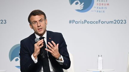 Le président Emmanuel Macron lors du Forum de Paris sur la paix, le 10 novembre 2023. (POOL/ JACQUES WITT / MAXPPP)