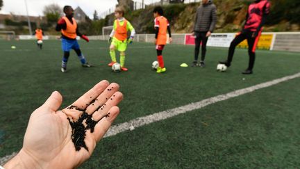 Des billes de caoutchouc présentes dans les terrains de football synthétiques, comme ici à Nantes, le 20 février 2018.&nbsp; (MAXPPP)