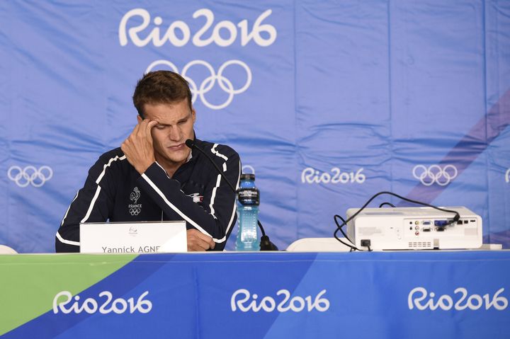 Yannick Agnel le 9 août 2016 en conférence de presse aux JO de Rio (Brésil). (STEPHANE KEMPINAIRE / DPPI MEDIA / AFP)