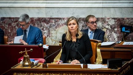 Yaël Braun-Pivet, le 17 janvier 2024 à l'Assemblée nationale à Paris. (XOSE BOUZAS/ AFP)