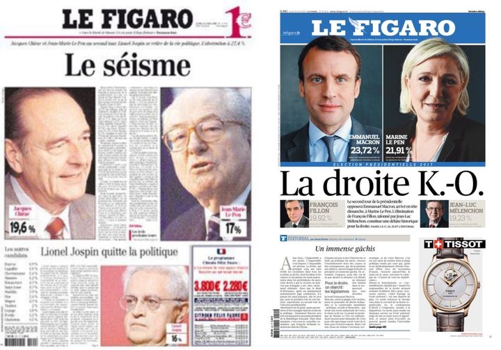 Unes du quotidien "Le Figaro"&nbsp;du 22 avril 2002 et du 24 avril 2017. (LE FIGARO)