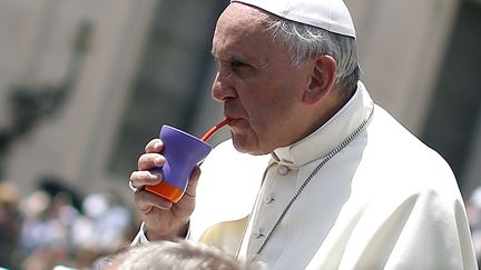 Le pape Fran&ccedil;ois boit du mat&eacute;, une boissin traditionnelle argentine lors de son audience g&eacute;n&eacute;rale place Saint-Pierre au Vatican, le 18 juin 2014. (ALESSANDRO BIANCHI / REUTERS)