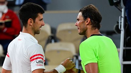 Novak Djokovic et Rafael Nadal lors de leur demi-finale à Roland-Garros, le 11 juin 2021. (MARTIN BUREAU / AFP)