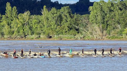 Des surfeurs profitent du mascaret sur la Dordogne, une vague qui apparait au moment des &eacute;quinoxes,&nbsp;Saint-Pardon-de-Vayres (Gironde), le 6 octobre 2013. (NICOLAS TUCAT / AFP)