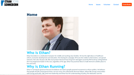 Le site de campagne d'Ethan Sonneborn, 14 ans, candidat à la primaire démocrate pour le poste de gouverneur de l'Etat du Vermont, qui se tient le 14 août 2018. (ETHANSONNEBORN.COM)