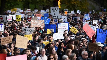 Des manifestants&nbsp;protestent contre&nbsp;la venue de Donald Trump à Pittsburgh (est des&nbsp;Etats-Unis), le 30 octobre 2018. (BRENDAN SMIALOWSKI / AFP)