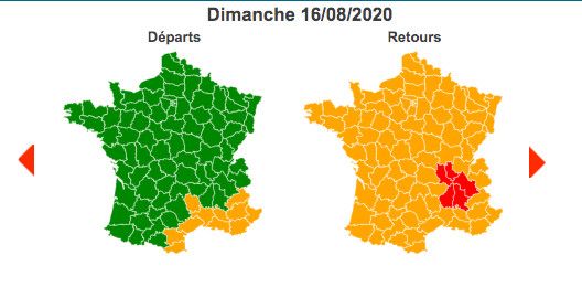 Dimanche 16 août 2020 est classé vert dans le sens des départs, orange au niveau national sur les retours et rouge&nbsp;dans la région Auvergne-Rhône-Alpes. (BISON FUTE)