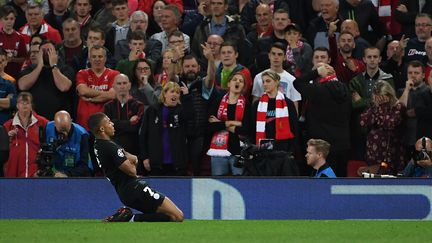 Kylian Mbappé célèbre son but face à Liverpool, le 18 septembre 2018.&nbsp; (PAUL ELLIS / AFP)