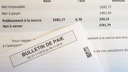 Un bulletin de salaire avec une ligne dédié au prélèvement à la source.&nbsp; (1 / MAXPPP)