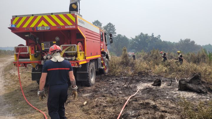 Des pompiers interviennent pour éteindre les braises encore fumantes sur une parcelle située à Saint-Symphorien, dans le sud du département de la Gironde, le 19 juillet 2022. (THOMAS GIRAUDEAU / RADIO FRANCE)