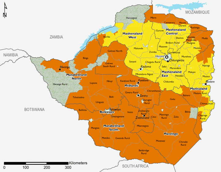 En orange, les zones touchées par la crise alimentaire évaluées en août et septembre 2018 par le Réseau d'alerte des famines (Fews Net). (Fews Net)