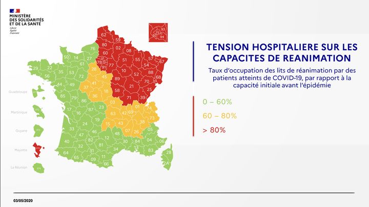 Carte des tensions hospitalières le 3 mai 2020. (DGS / FRANCEINFO)