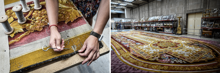 Le tapis du chœur de Notre-Dame de Paris, en cours de rénovation le 12 septembre 2019, exposé au Mobilier National à Paris. (STEPHANE DE SAKUTIN / AFP)