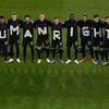 Les footballeurs allemands portent des tee-shirts formant le mot "droits humains", le 25 mars 2021, lors d'un match de qualification pour la Coupe du monde au Qatar. (TOBIAS SCHWARZ / AFP)