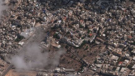 A satellite photo of an explosion at Al-Ahli Hospital in Gaza City on October 17, 2023.  (Satellite Image / Maxer Tech / AFP)