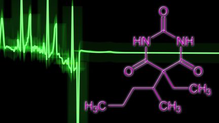 Image créée sur ordinateur pour illustrer un électrocardiogramme d'un coeur humain défaillant. La ligne plate indique l'arrêt cardiaque provoqué par la structure moléculaire du pentobarbital,&nbsp;un barbiturique utilisé en anesthésie et comme somnifère. (Illustration) (ALFRED PASIEKA / SCIENCE PHOTO LIBRARY RF / GETTY IMAGES)