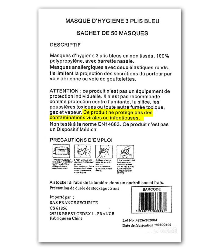 Notice de masques commandés par le ministère&nbsp;du Travail à destination des inspecteurs du travail. (CELLULE INVESTIGATION DE RADIOFRANCE)