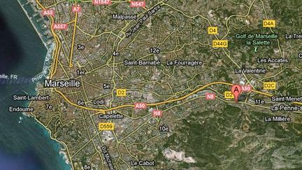 La cit&eacute; Air Bel, signal&eacute;e par le A sur l'image,&nbsp;est situ&eacute;e dans le quartier de la Pomme, dans le 11e arrondissement de Marseille. (Capture Google Maps) (FTVI)