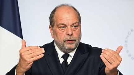 Le ministre de la Justice, Eric Dupond-Moretti, lors d'une conférence de presse à l'Elysée, le 3 mai 2023. (BERTRAND GUAY / AFP)