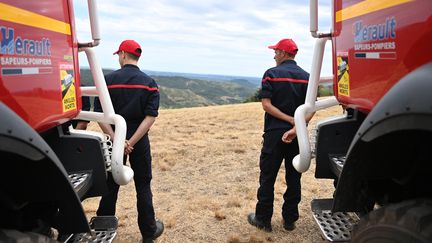 Des pompiers de l'Hérault à Cabrières-d'Avignon (Vaucluse), le 12 juillet 2024. (SYLVAIN THOMAS / AFP)