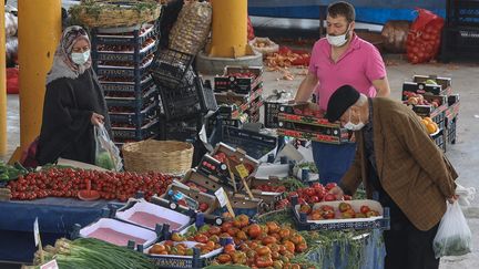 Aliment de base en Turquie, la tomate&nbsp;a augmenté de 192% entre mars 2021 et mars 2022 (illustration sur un marché d'Ankara). (ADEM ALTAN / AFP)