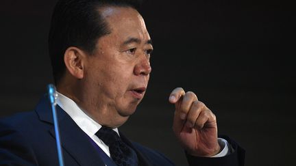 Le président d'Interpol,&nbsp;Meng Hongwei, lors d'un congrès internationnal sur la cybersécurité à New York, le 6 juillet 2018. (VALERIY MELNIKOV / SPUTNIK / AFP)