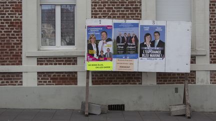 Les panneaux &eacute;lectoraux pour le second tour des d&eacute;partementales, le 26 mars 2015 &agrave; Ribemont (Aisne). (MATHIEU DEHLINGER / FRANCETV INFO)