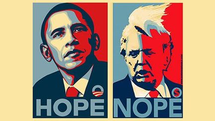 Montage à partir de l'affiche d'Obama «Hope» et détournée en «Nope» («Nan») pour Trump. (Montage à partir de l&#039;affiche d&#039;Obama «Hope» réalisée par Shepard Fairey)