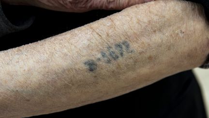 Le numéro tatoué par les nazis sur le bras de Claude Bloch, rescapé&nbsp;du camp de concentration d'Auschwitz. (MAXIME JEGAT / MAXPPP)