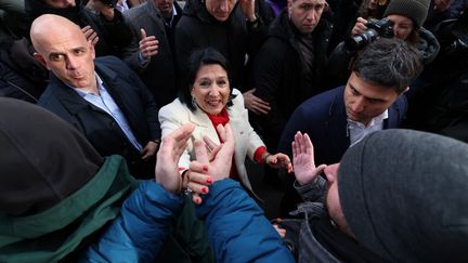 La présidente sortante, Salomé Zourabichvili, a pris un bain de foule en quittant le palais présidentiel, à Tbilissi, en Géorgie, le 29 décembre. (GIORGI ARJEVANIDZE / AFP)