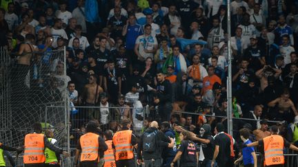 Des supporters marseillais ont envahi le terrain lors du match Angers - OM pour aller en découdre avec des supporters angevins, mercredi 22 septembre.&nbsp; (JEAN-FRANCOIS MONIER / AFP)