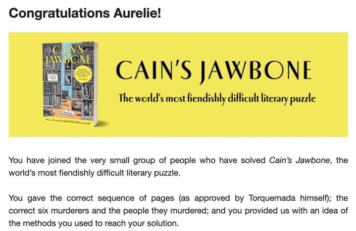 Le tweet de félicitation envoyé par la maison d'édition britannique Unbound à une Française qui a résolu "La machoire de Caïn", le 3 février 2023. (CAPTURE D'ECRAN)