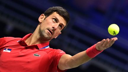 Novak Djokovic au service lors du match de Coupe Davis entre la Serbie et l'Allemagne à Innsbruck, le 27 novembre.&nbsp; (JOE KLAMAR / AFP)