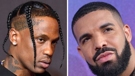 (De gauche à droite) : le rappeur Travis Scott&nbsp;lors des MTV Video Music Awards 2021 à&nbsp;New York,&nbsp; et le rappeur Drake lors de la première de la série HBO "Euphoria" à Hollywood en 2019. (ANGELA WEISS / AFP)