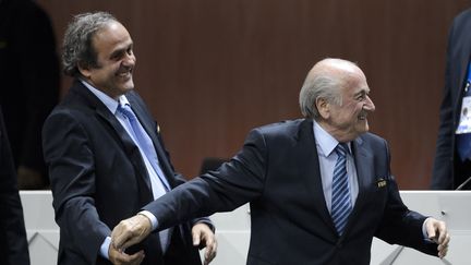 Michel Platini et Sepp Blatter, lors d'un Congrès de la Fifa en 2015. (FABRICE COFFRINI / AFP)