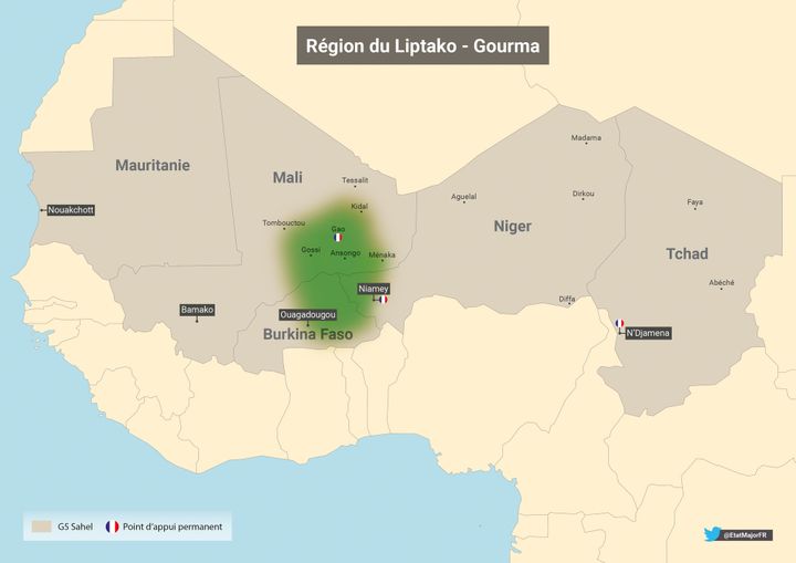 Sahel, zone couverte par l'opération Barkhane. En vert, la région dite des "trois frontières". (ETAT-MAJOR DES ARMÉES)