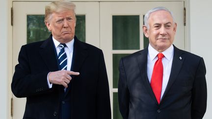 Le président américain Donald Trump (à gauche) et le Premier ministre israélien&nbsp;Benyamin&nbsp;Netanyahu (à droite) à la Maison blanche à Washington, le 27 janvier 2020. (SAUL LOEB / AFP)