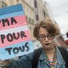 Le slogan "PMA pour tous" inscrit sur la bannière des personnes transgenres, le 5 octobre 2019 à Rennes (Ille-et-Vilaine) lors de la marche pour les droits des personnes transgenres, intersexes et non-binaires. A ce jour, le projet de loi ne prévoit pas l'accès à la PMA pour les hommes transgenres. (ESTELLE RUIZ / NURPHOTO)