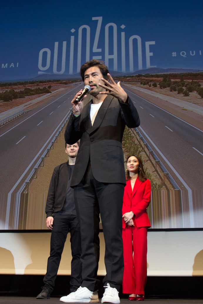 Le réalisateur Johnny Ma avec le directeur de la photographie Matthias Delvaux et la comédienne Gan Guidan à la Quinzaine des Réalisateurs le 20 mai 2019 (Jean-François Lixon)