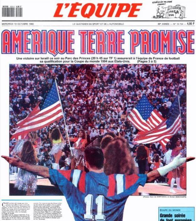 La une de "L'Equipe", le jour du match France-Israël, le 13 octobre 1993. (L'EQUIPE)