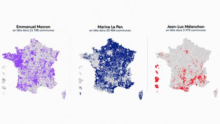 Trois cartes pour visualiser les communes où Macron, Le Pen et Mélenchon sont arrivés en tête au premier tour (FRANCEINFO)