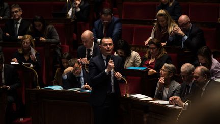 Le ministre du Travail, Olivier Dussopt, à l'Assemblée nationale, le 24 janvier 2023. (ANDREA SAVORANI NERI / NURPHOTO)