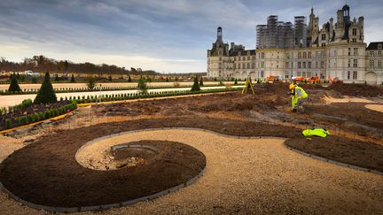 Travaux d'aménagement du jardin à la française au Château de Chambord, fin novembre 2016.
 (Leonard DE SERRES / Domaine national de Chambord / AFP)