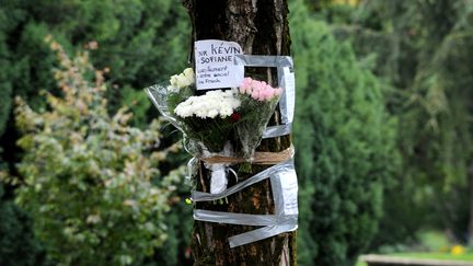 Des mots et des fleurs accroch&eacute;s &agrave; un arbre, l&agrave; o&ugrave; K&eacute;vin et Sofiane ont &eacute;t&eacute; tu&eacute;s le 28 septembre 2012 par une quinzaine d'agresseurs, &agrave; Echirolles (Is&egrave;re).&nbsp; (JEAN-PIERRE CLATOT / AFP)