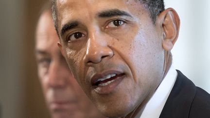 Barack Obama, le pr&eacute;sident am&eacute;ricain, lors d'une r&eacute;union avec une d&eacute;l&eacute;gation bipartisane de parlementaires &agrave; Washington (Etats-Unis),&nbsp;pour &eacute;voquer une intervention en Syrie, le 3 septembre 2013. (JIM WATSON / AFP)