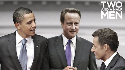 Barack Obama, David Cameron et Nicolas Sarkozy sur la publicit&eacute; de CNBC-e pour la s&eacute;rie&nbsp;"Two and a Half Men" ("deux hommes et demi"). (CNBC )