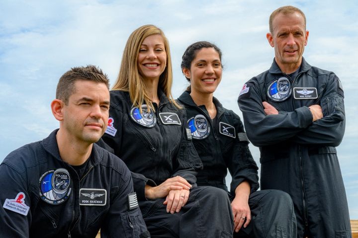 From left to right: Businessman Jared Isaacman, engineers Anna Menon and Sarah Gillis, and pilot Scott Poteet, the four-member crew of the Polaris Dawn mission. (JOHN KRAUS / POLARIS PROGRAM)